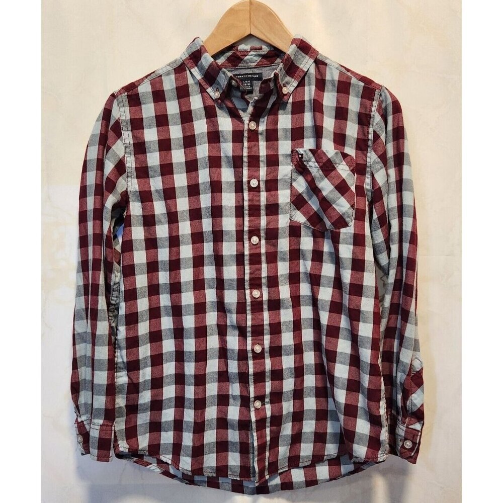 Tommy Hilfiger Button Down Shirt Youth Boys LG Long Sleeve Maroon/Blue Plaid